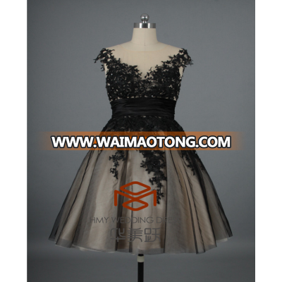 Latest Design Cocktail Dresses Customized Black Satin Sash Black Lace Cap Sleeve Appliques Mini Skirt Cocktail Dress