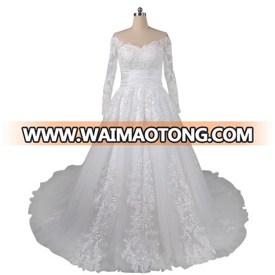 OEM Service elegant Appliques Beaded lace long sleeve long train A line Wedding Dress