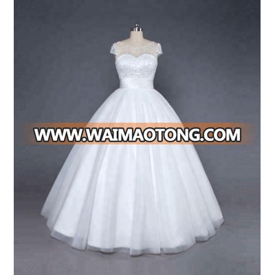 Beaded Neck Cap Sleeve Wedding Dress Factory