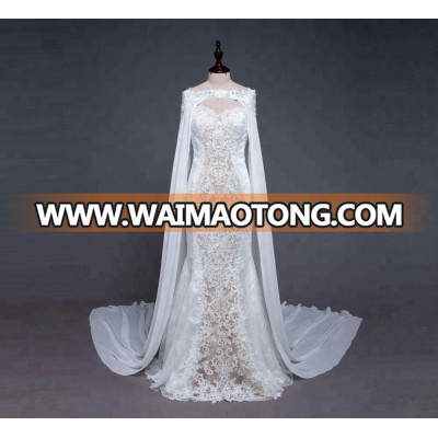 Long Sleeve Mermaid Wedding Gown With Chiffon Cape