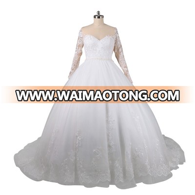 Custom factory long sleeve design ball gown long train wedding dress bridal gown